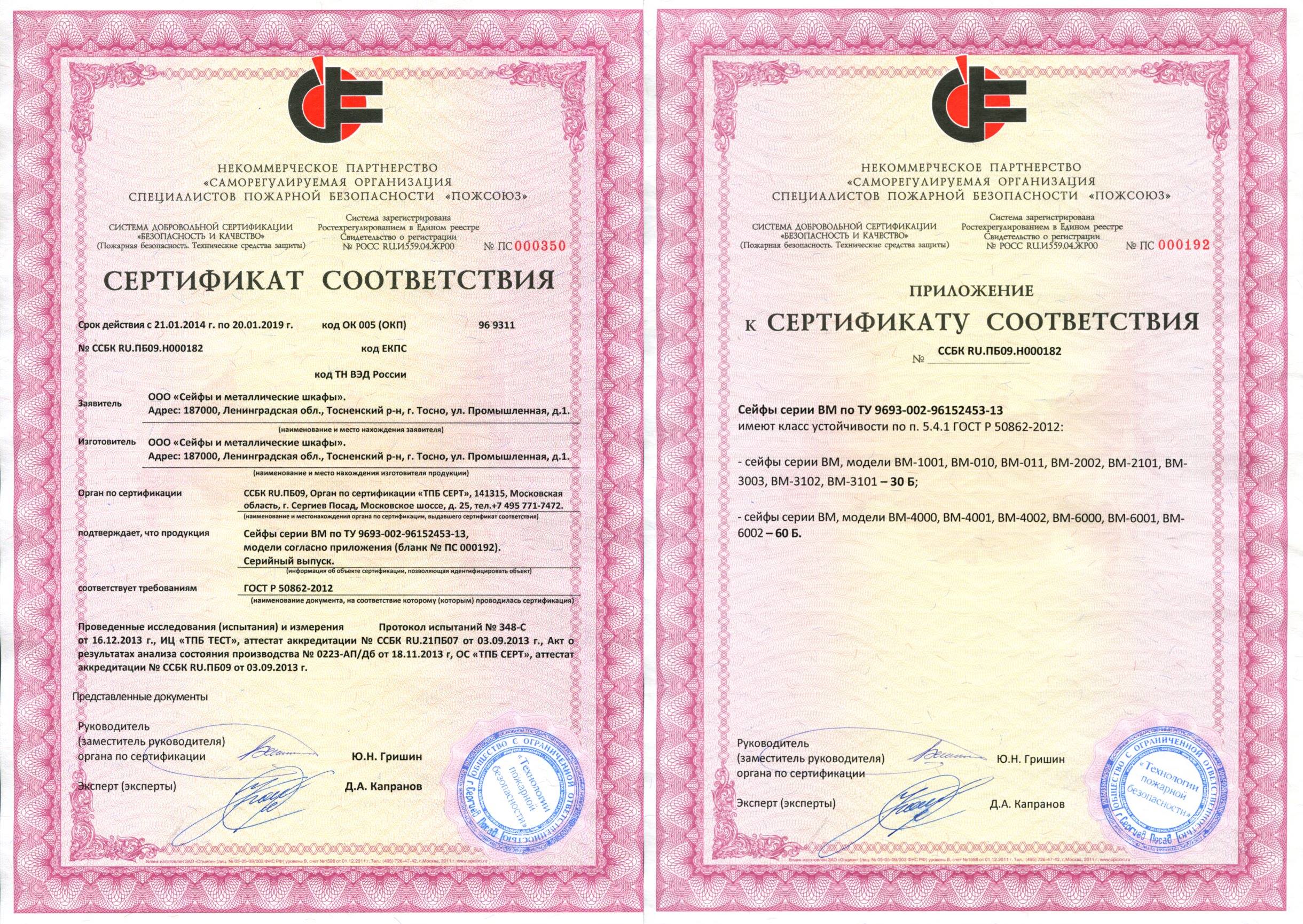 Сейф Cobalt сертификат соответствия